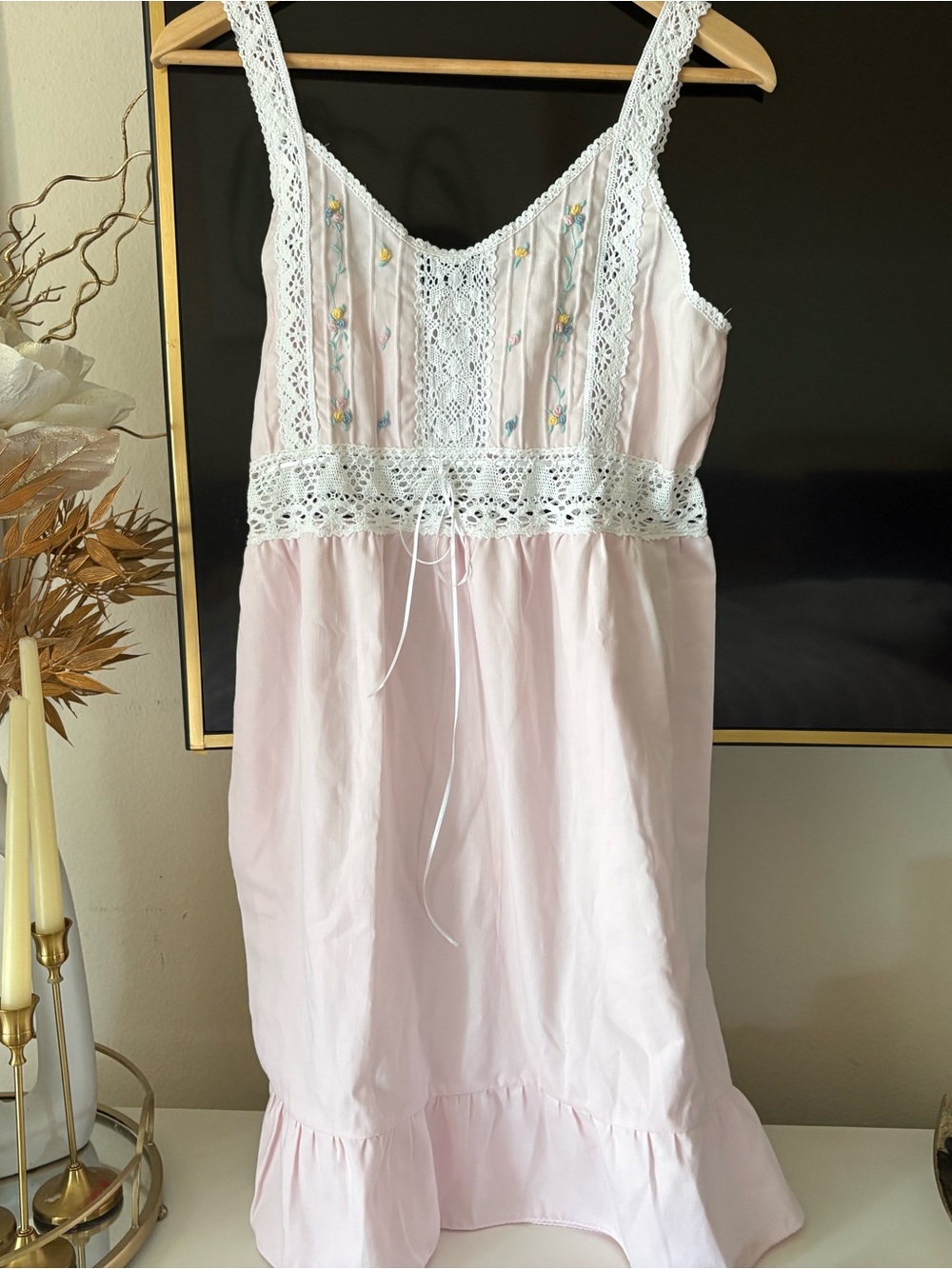 Light Pink Crochet-Trim Nightdress with Embroidered Bodice - Unbranded